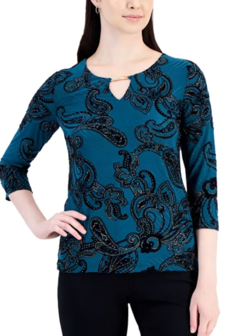 Women's Embellished Jacquard Keyhole Top Teal Evergreen